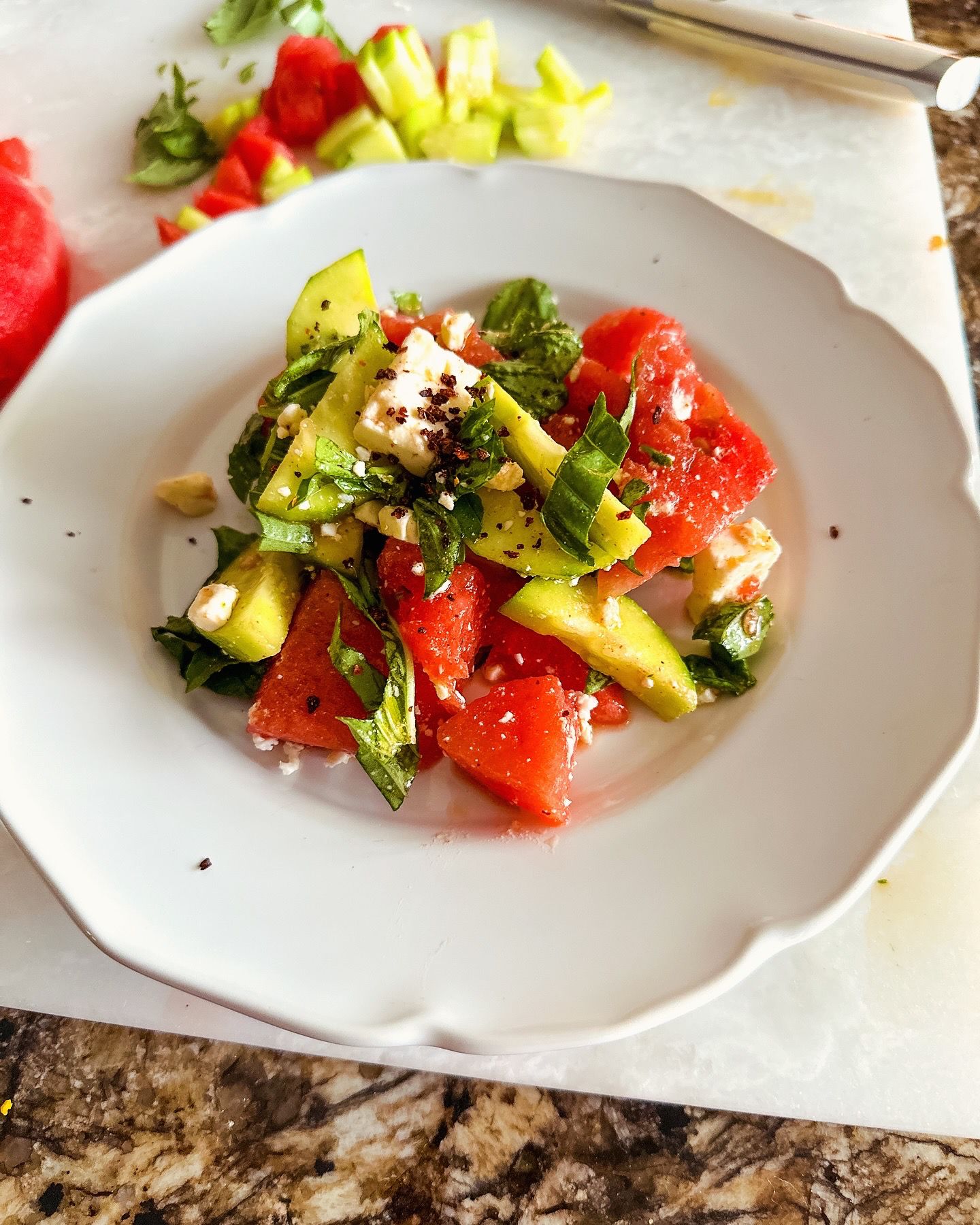 Watermelon, Cucumber, and Feta Salad with Pistachios and Fresh Basil